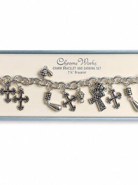 Chrome Works Charm Bracelet and Earring Set – Silver Tone Cross Design‎ NIB